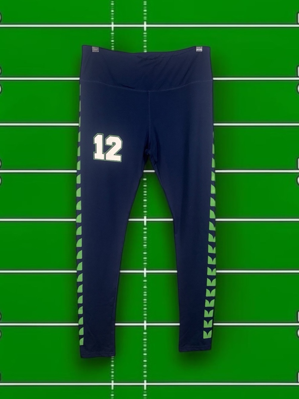 Navy Athletic Leggings with Lime Chevron Stripe and Number 12
